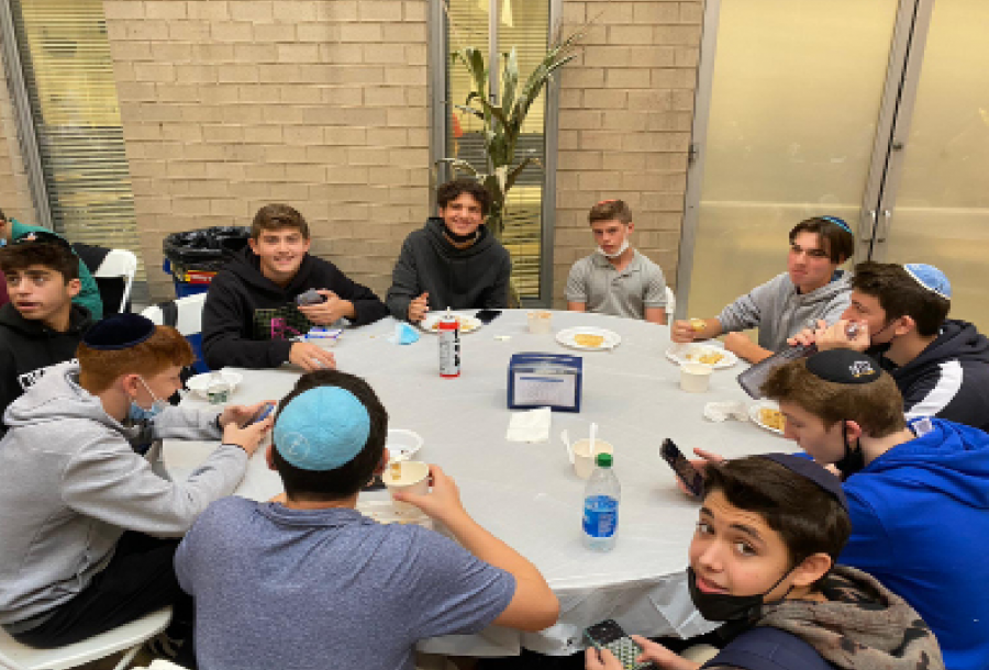 Ramaz students enjoying lunch in the 3rd floor sukkah.