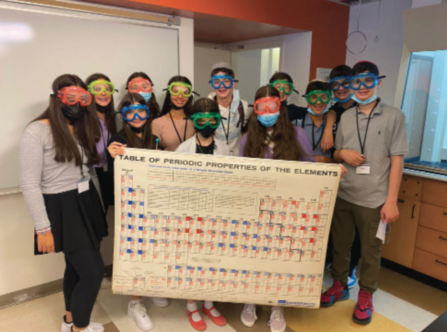 Ramaz students posing in the Chemistry lab with a periodic table.