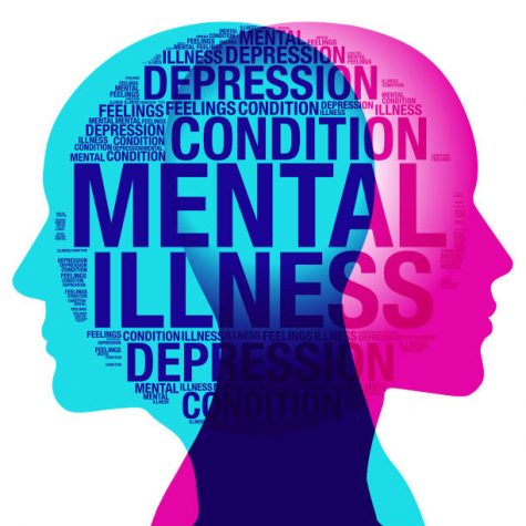 A male and female side silhouette positioned back to back, overlaid with various sized words related to the topic of mental health and depression.